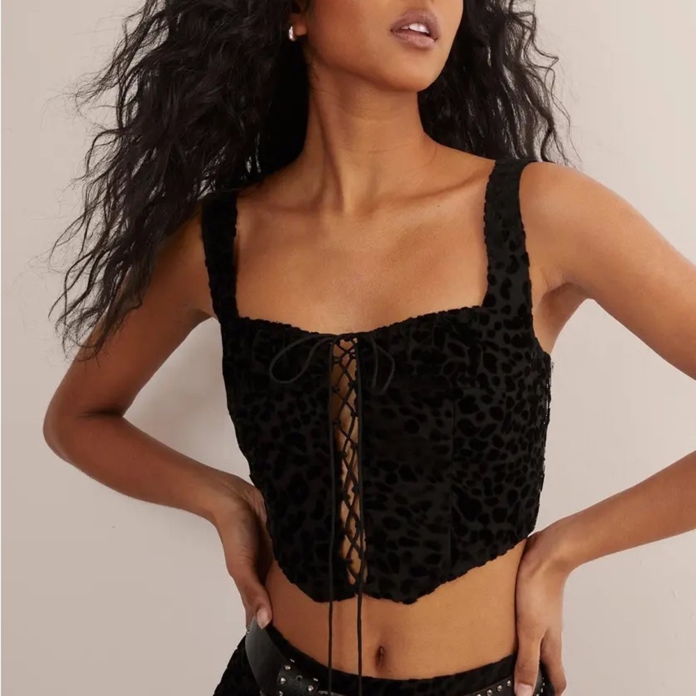 NASTY GAL Devoré Animal Leopard Lace-Up Black Corset Top 4